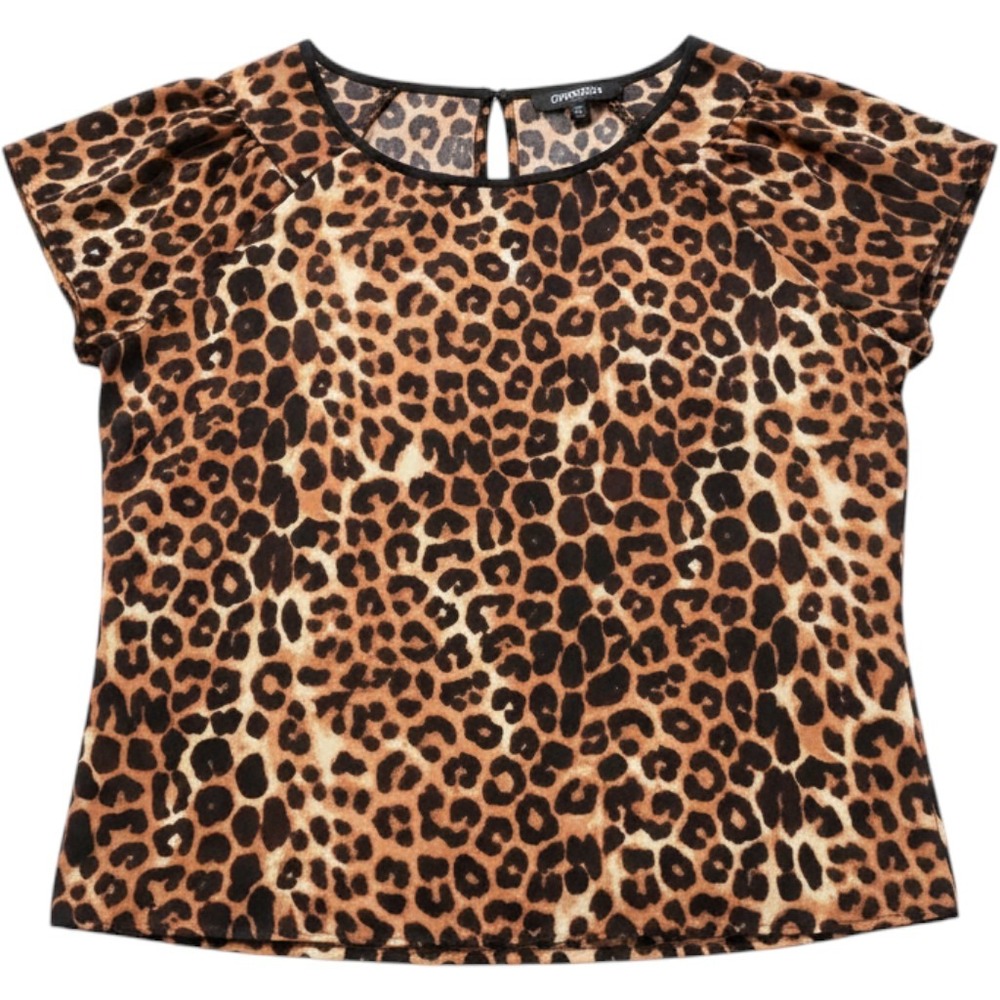 Express Leopard Print Chiffon Keyhole Blouse Cap Sleeve Size M Brown Black